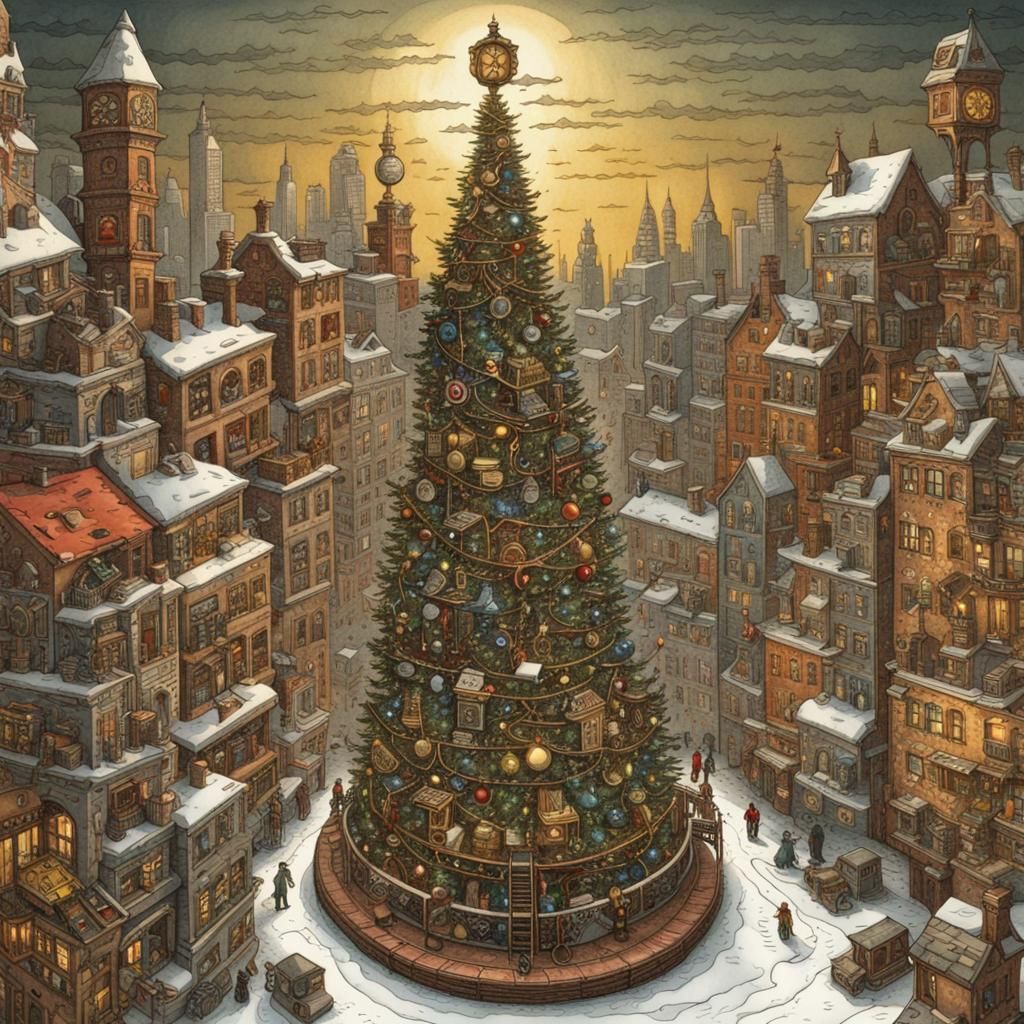 Steampunk City Christmas Tree in Escher Style