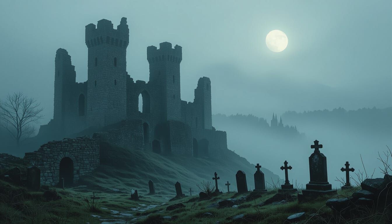 Fog-Shrouded Castle Ruins in Gothic Style