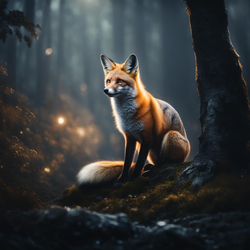 Hyperrealistic Fox in Moonlit Forest: Wildlife Photography