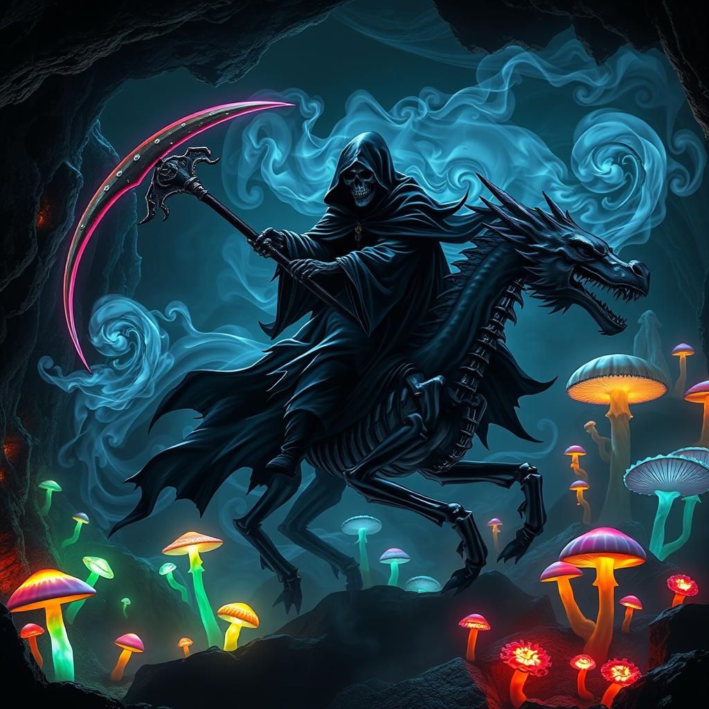 Grim Reaper Rides Dragon of Black Smoke