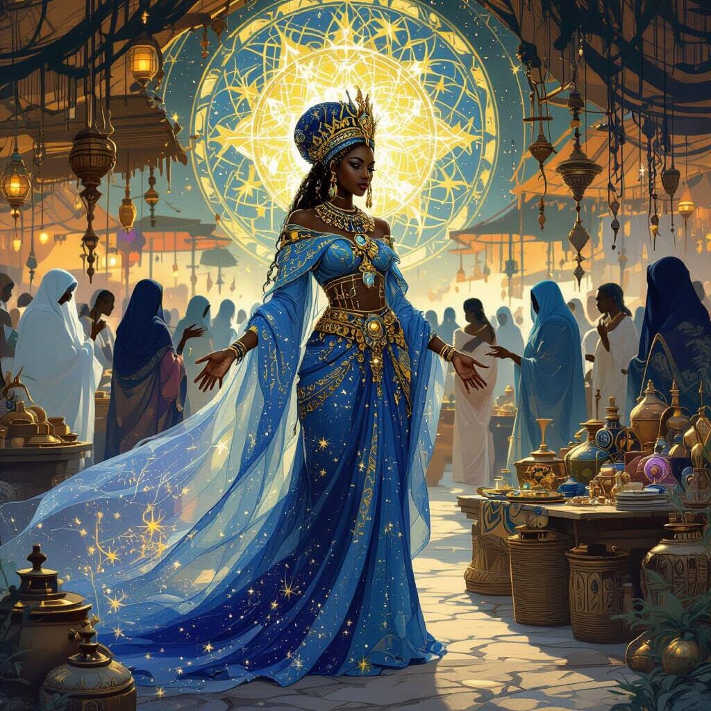 Spectral African Queen Overseeing Ancestral Market in Starli...