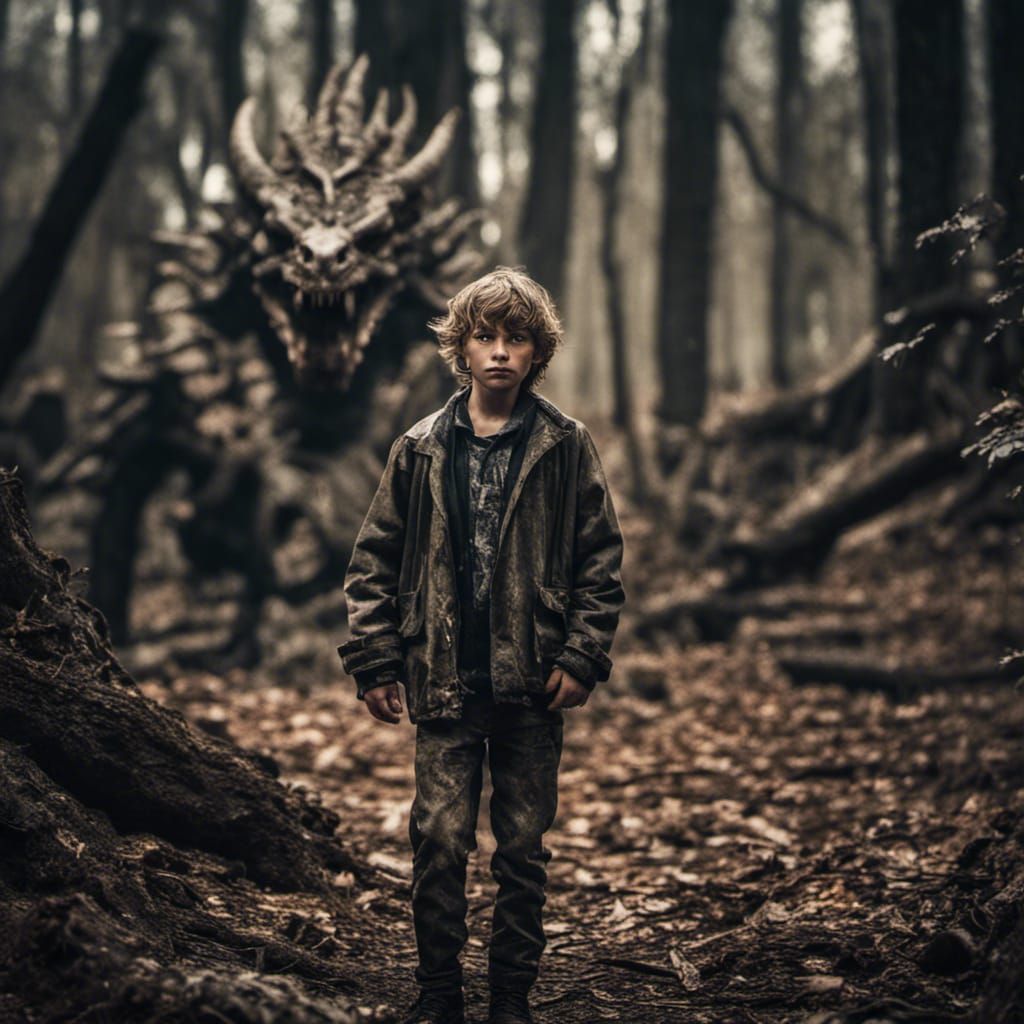Boy and Dragon in Atmospheric Forest Scene