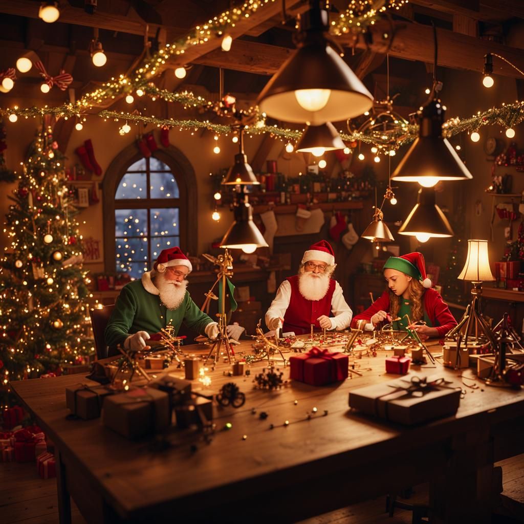 Whimsical Christmas Elves Building Aerial Drones in Santa's....