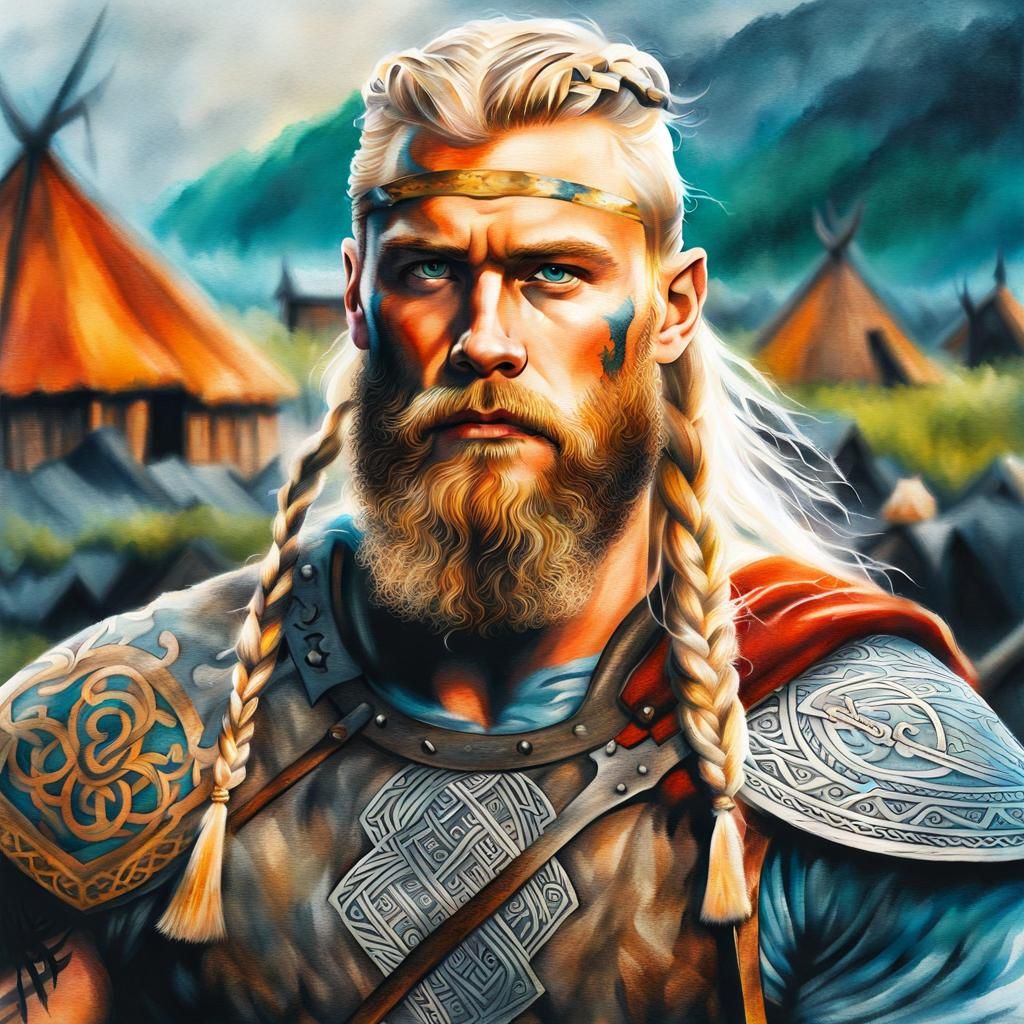 Viking Warrior with Tattoos in Gouache Style