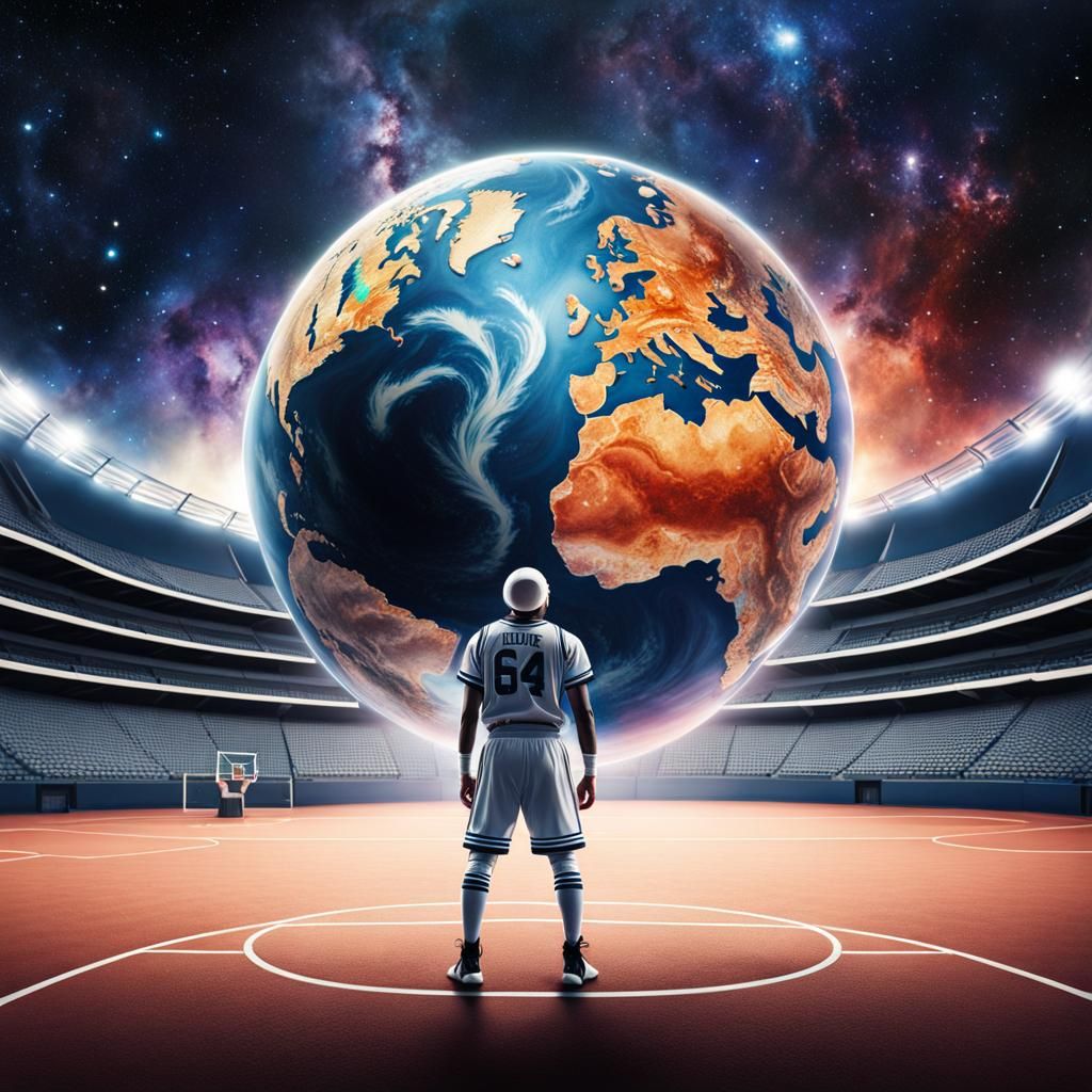 Cosmic Basketball Player Holds Earth