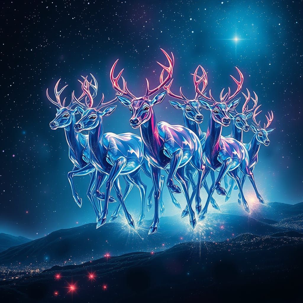 Glass Deer Leap Across Starry Night Sky