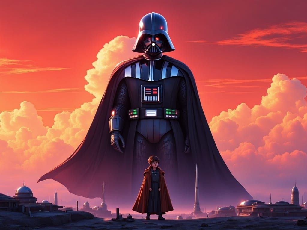 Surreal Star Wars Scene: Anakin vs. Vader's Ominous Shadow