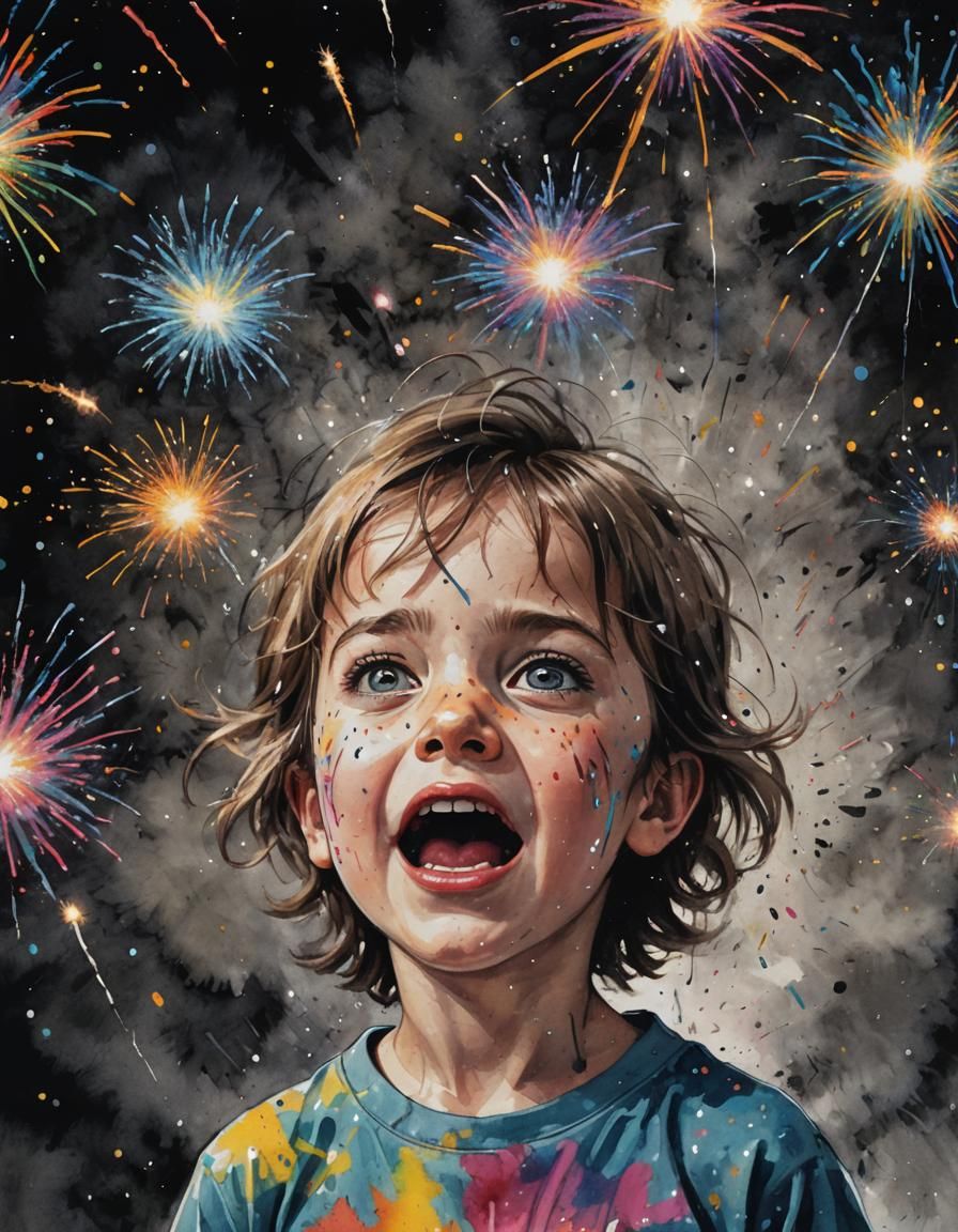 Child's Face Lit Up by Fireworks Display