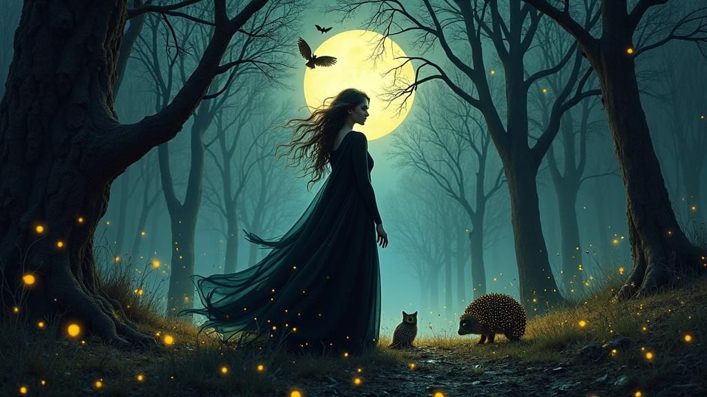 Mystical Woman in Gothic Forest, Art Nouveau Style