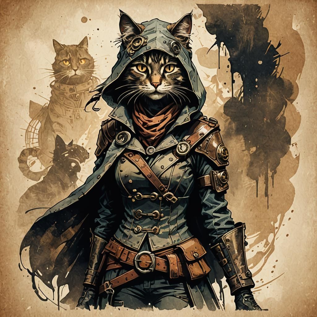 Confident Cat Rogue in Steampunk Ink Painting