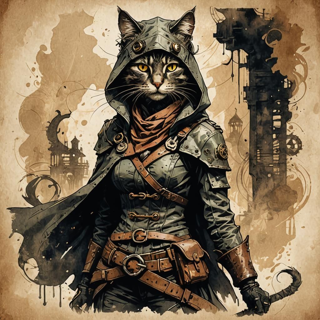 Confident Cat Rogue in Steampunk Ink Painting