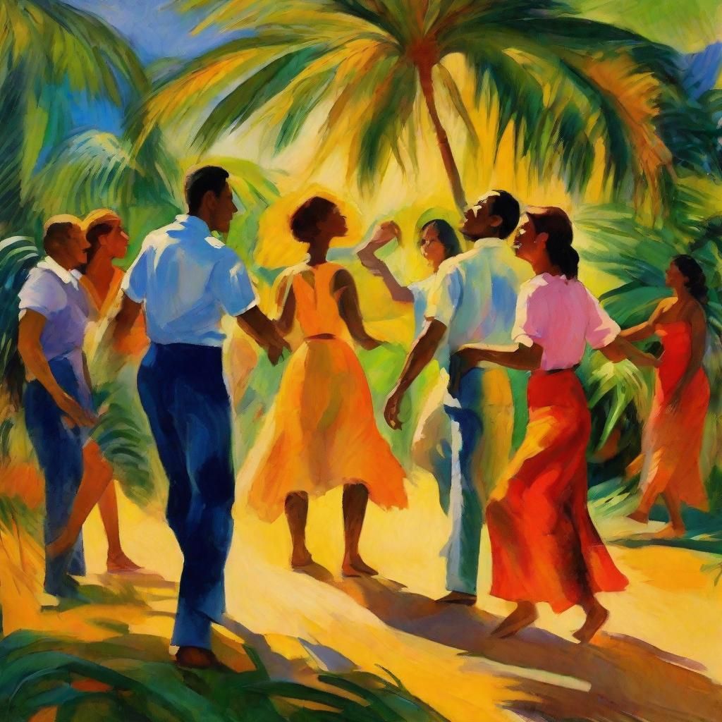 Dreamlike Expressionist Friends Dancing Under Palm Trees