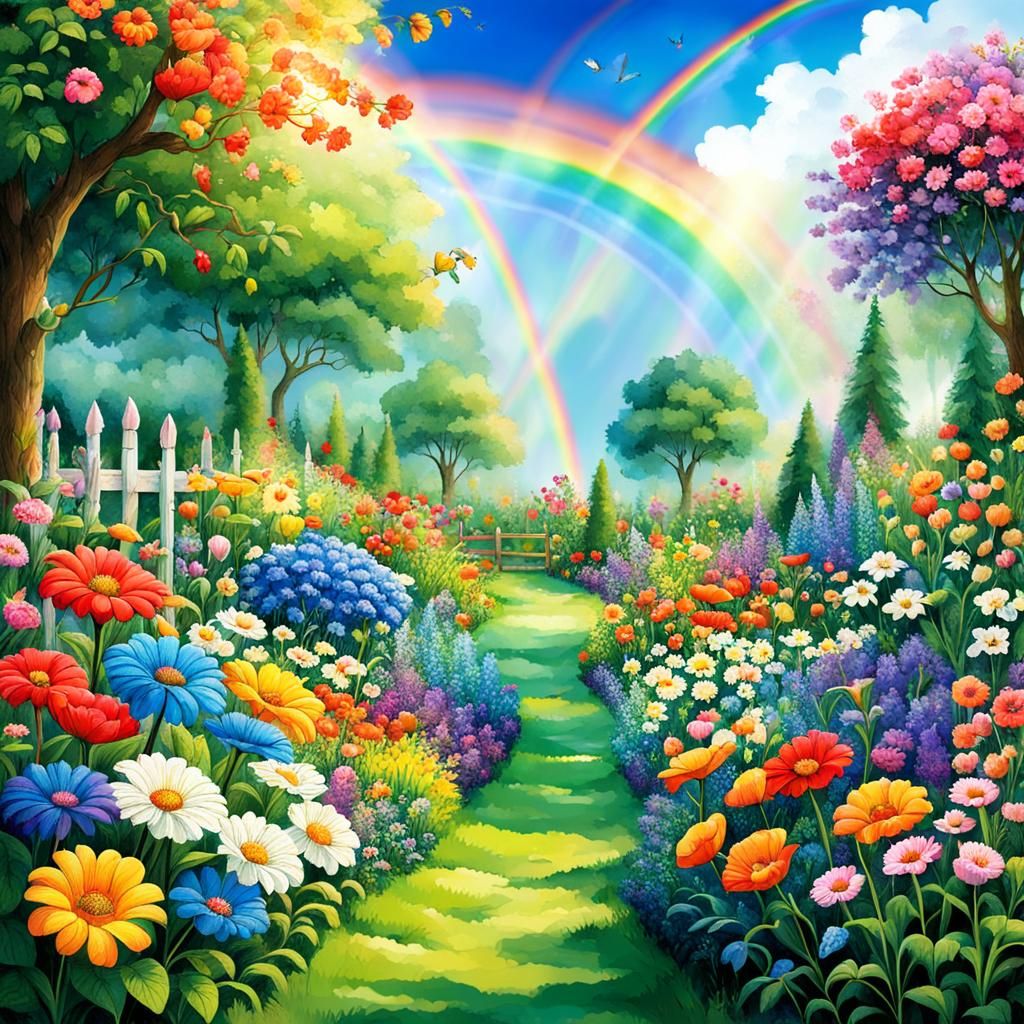 Rainbow Over a Lush Flower Garden