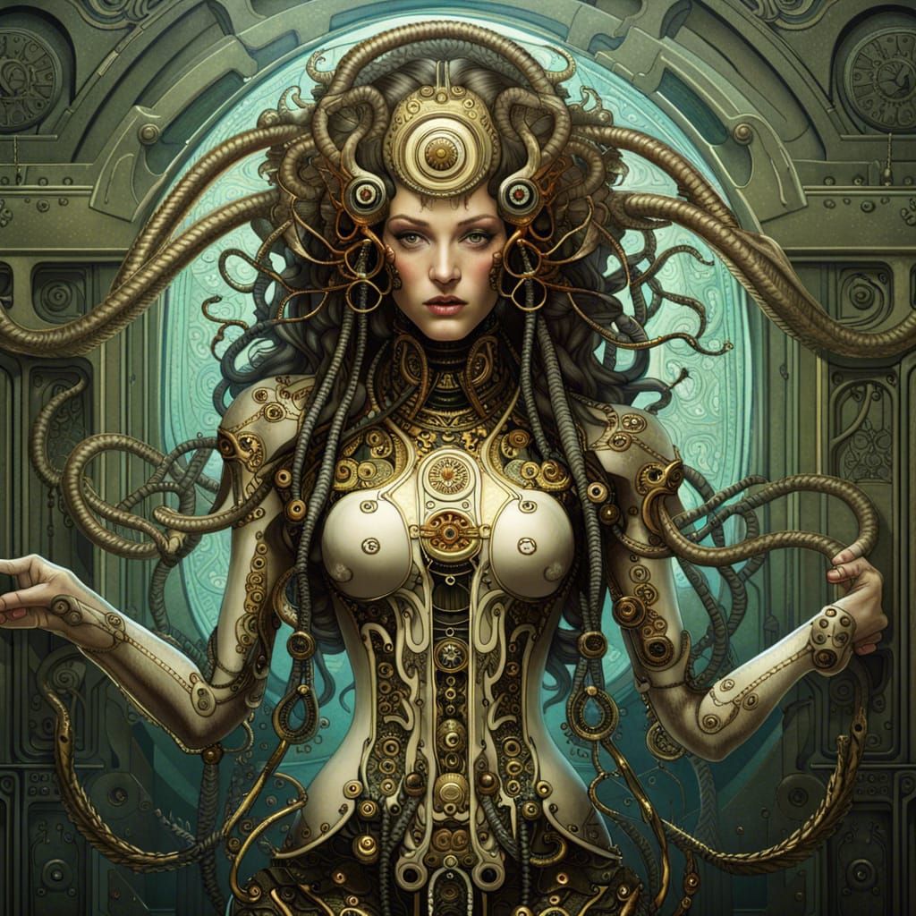 Cybernetic Medusa in Biomechanical Rococo Style