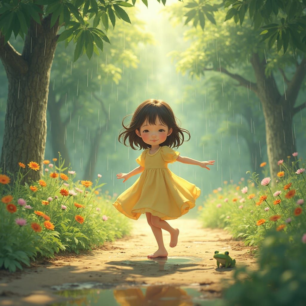 Girl Dancing in Rainy Forest: Ghibli-Inspired Animation