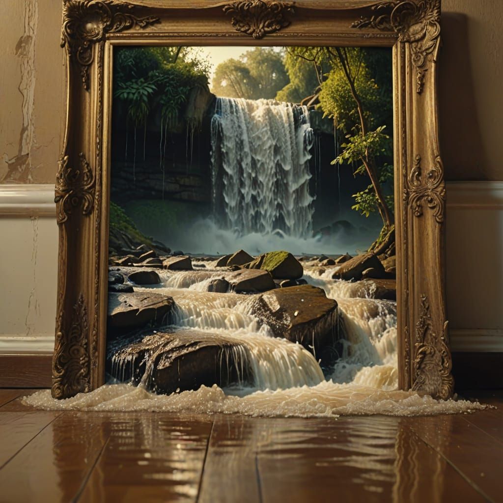 Surreal Waterfall Flowing From a Picture Frame