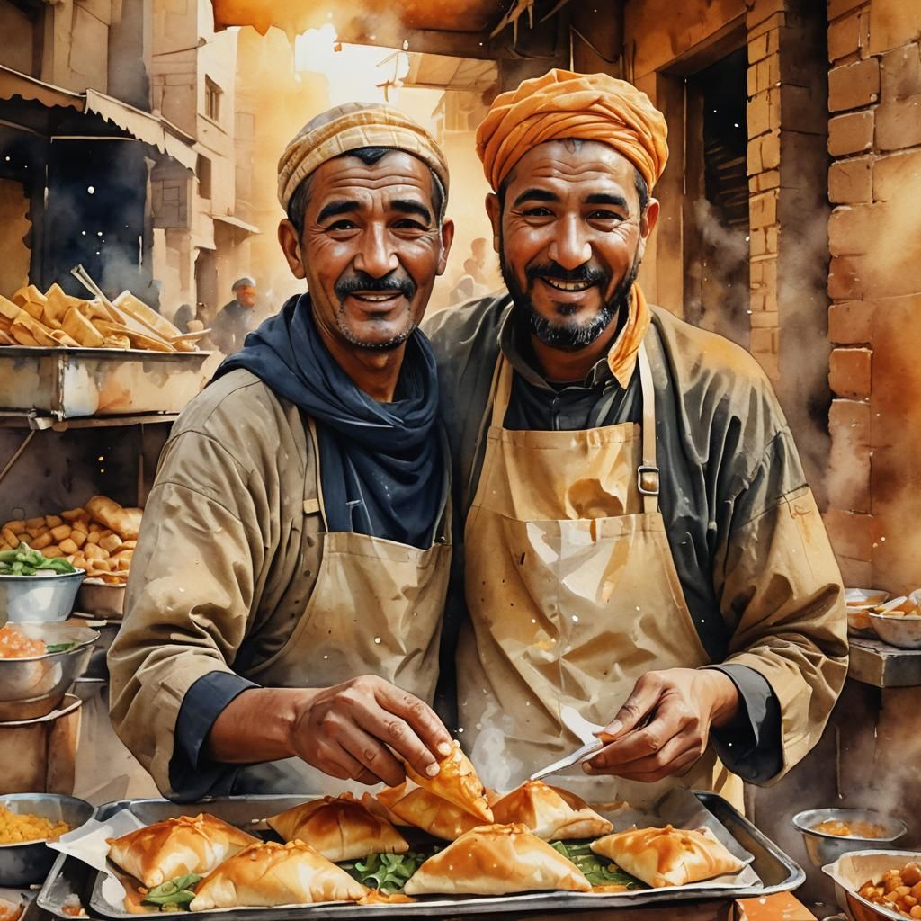 Algerian Street Food Vendor Illustration in Watercolor Style