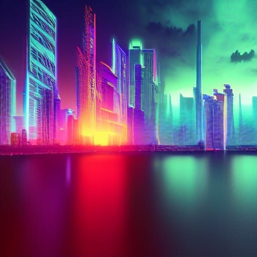 Cyberpunk Miami Skyline in Psychedelic Lightning