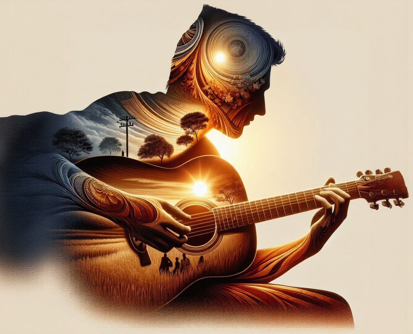 Man Playing Guitar Double Exposure Four Seasons Golden Hour