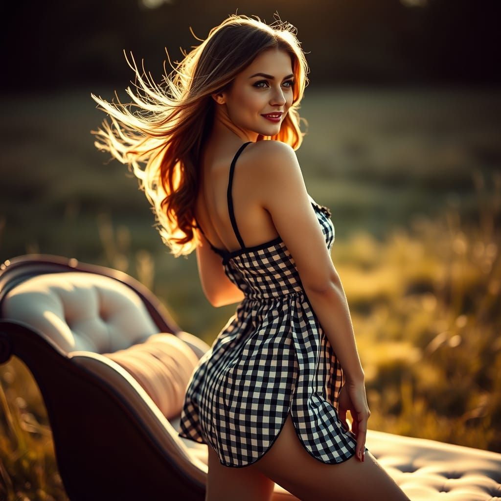 Vintage-Inspired Boudoir Portrait in Black and White Gingham