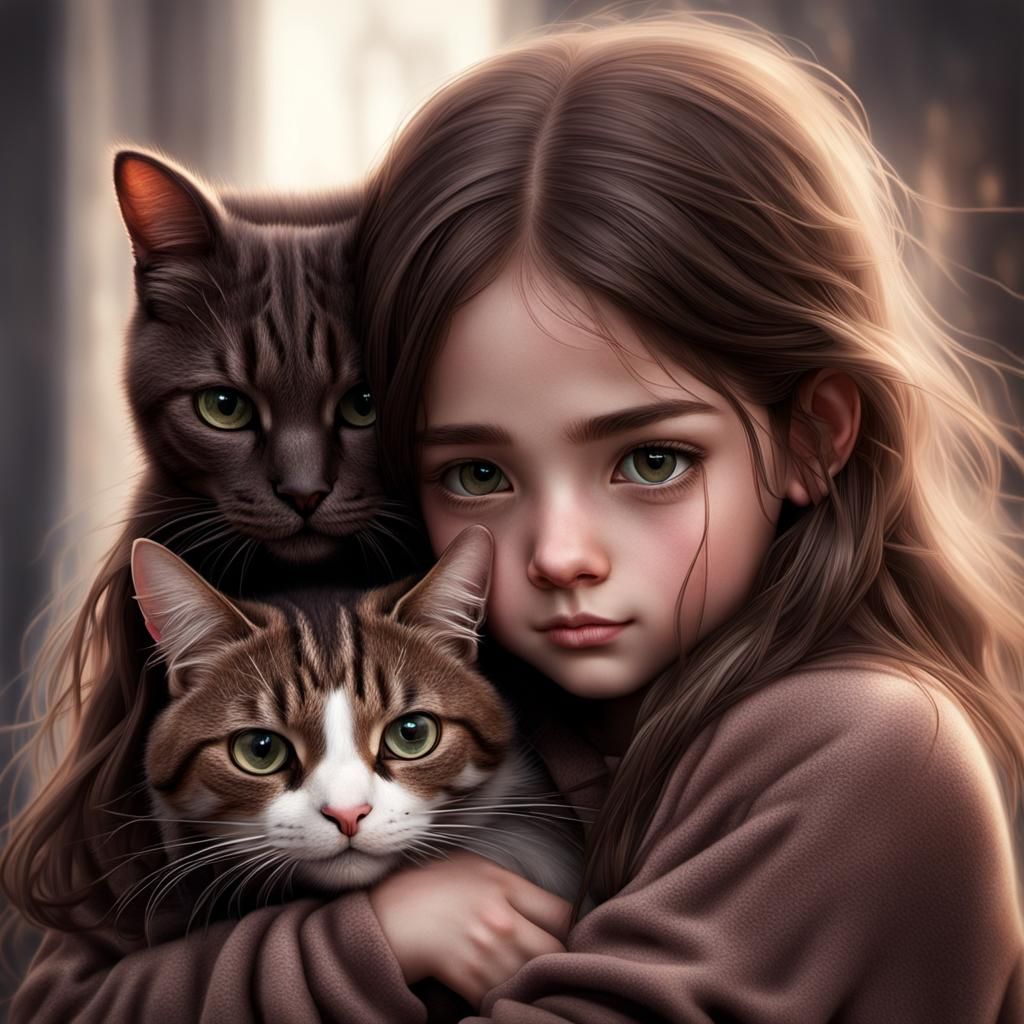 Girl Hugging Cat: Hyperrealistic 64 Megapixel Portrait
