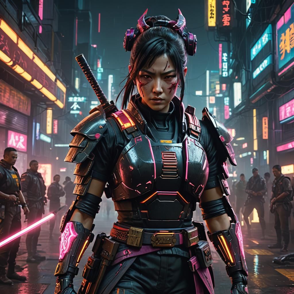 Cyberpunk Samurai in Dynamic Battle Scene
