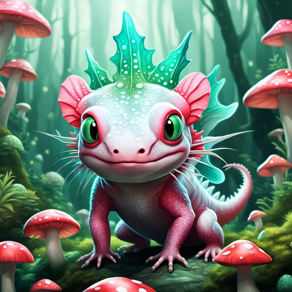 Cartoonish axolotl-dragon hybrid, (Re) AlDeeb AlDeeb madness 🎨, by o.f.a., by aldeeb, emerald green eyes, nestled among...