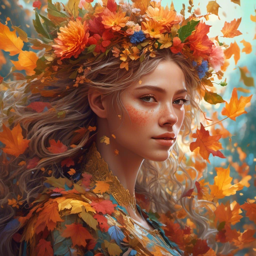 Hazel Girl with Flower Hair: Hyperrealistic Portrait