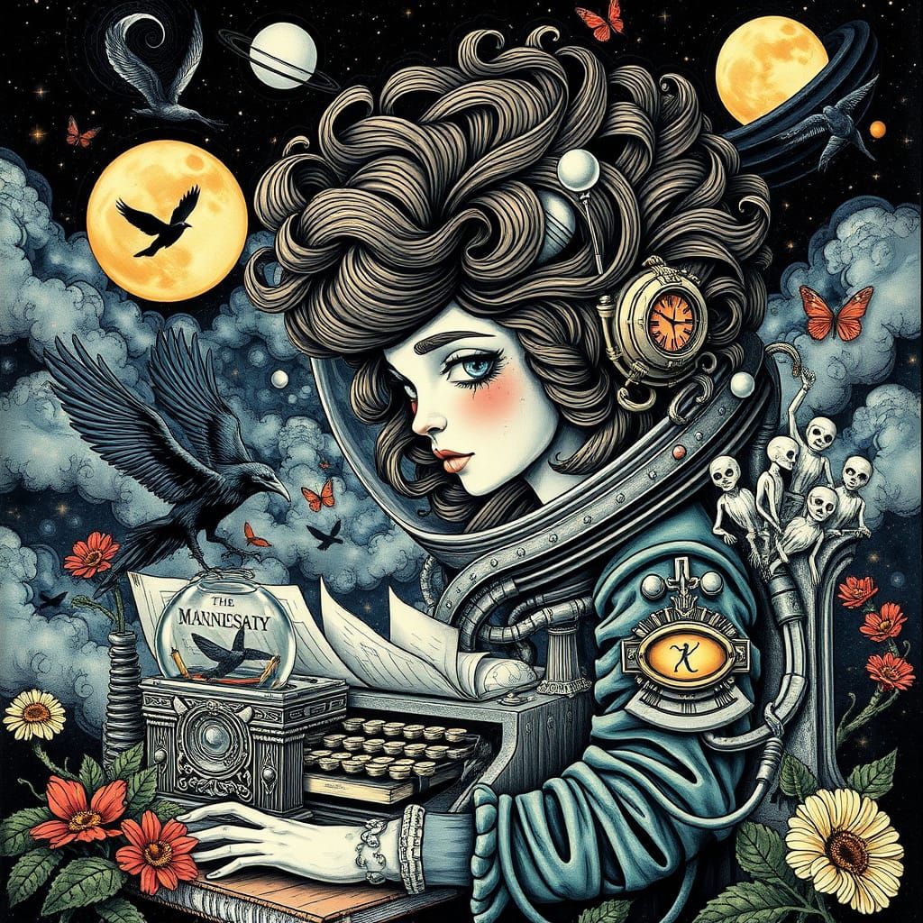 Surrealist Masterpiece: Celestial Cosmonaut in Wood Sculptur...