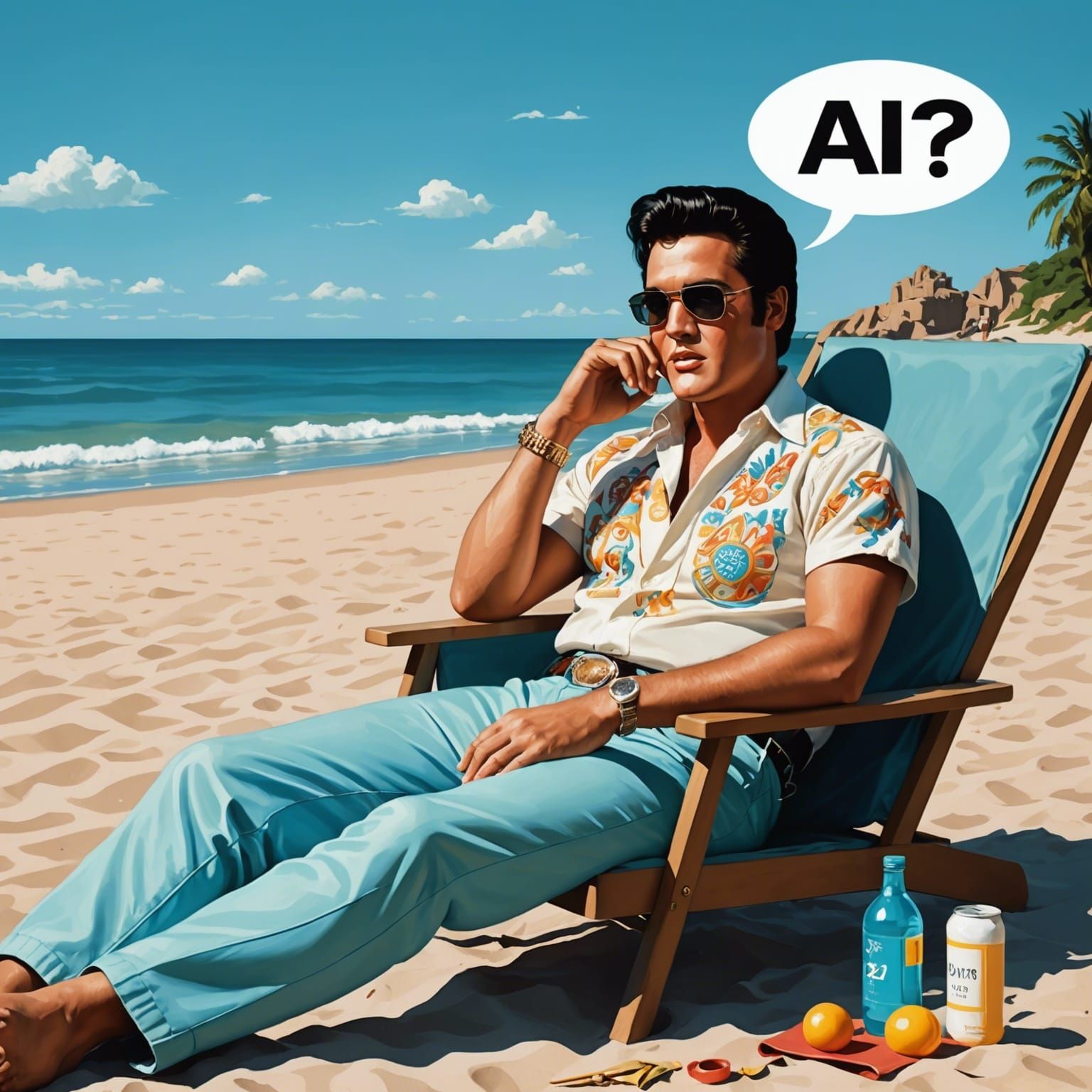 Elvis Presley sunbathing at the beach. There is a chat bubble which says “AI?”