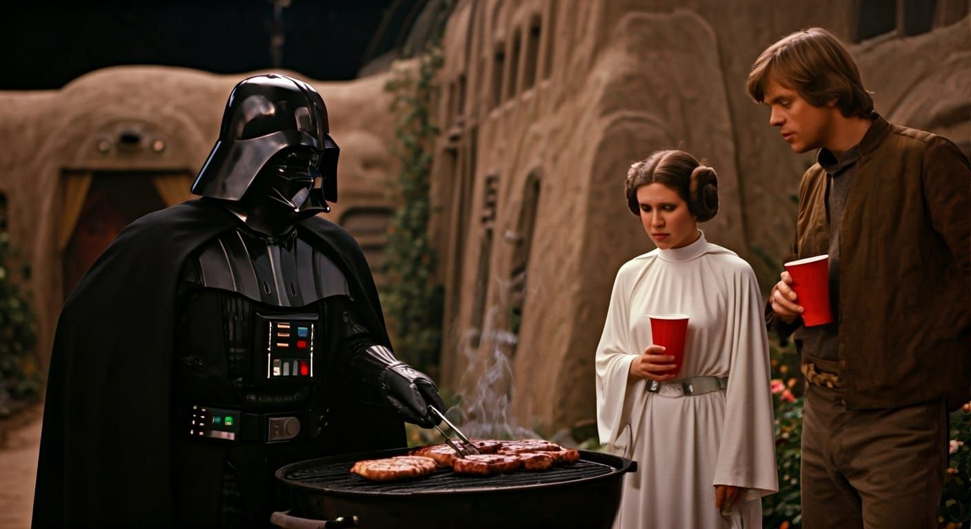 Darth Vader BBQ: A 1970s Film Still