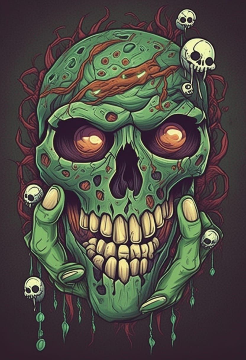 Cartoon Skull with Eyeballs in Green Hand