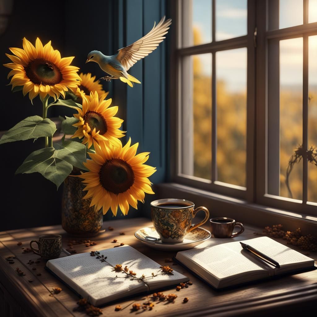Sunflowers, Coffee, and a Bird: Aesthetic Photo