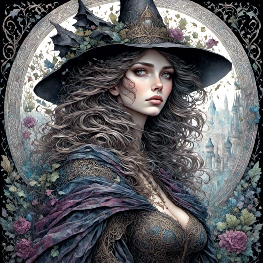 Gothic Witch Portrait in Line Art Style