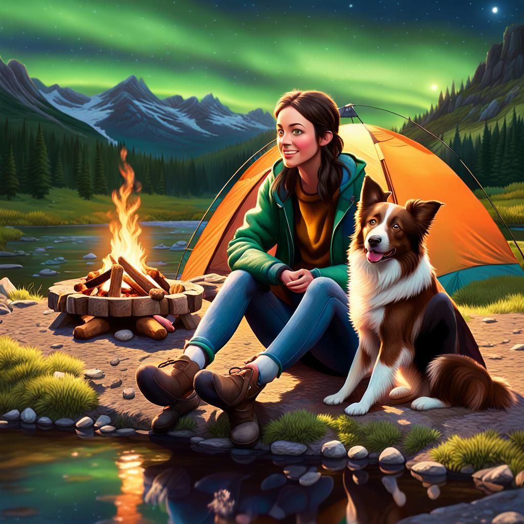 Woman and Border Collie Camping by River, 3D Art