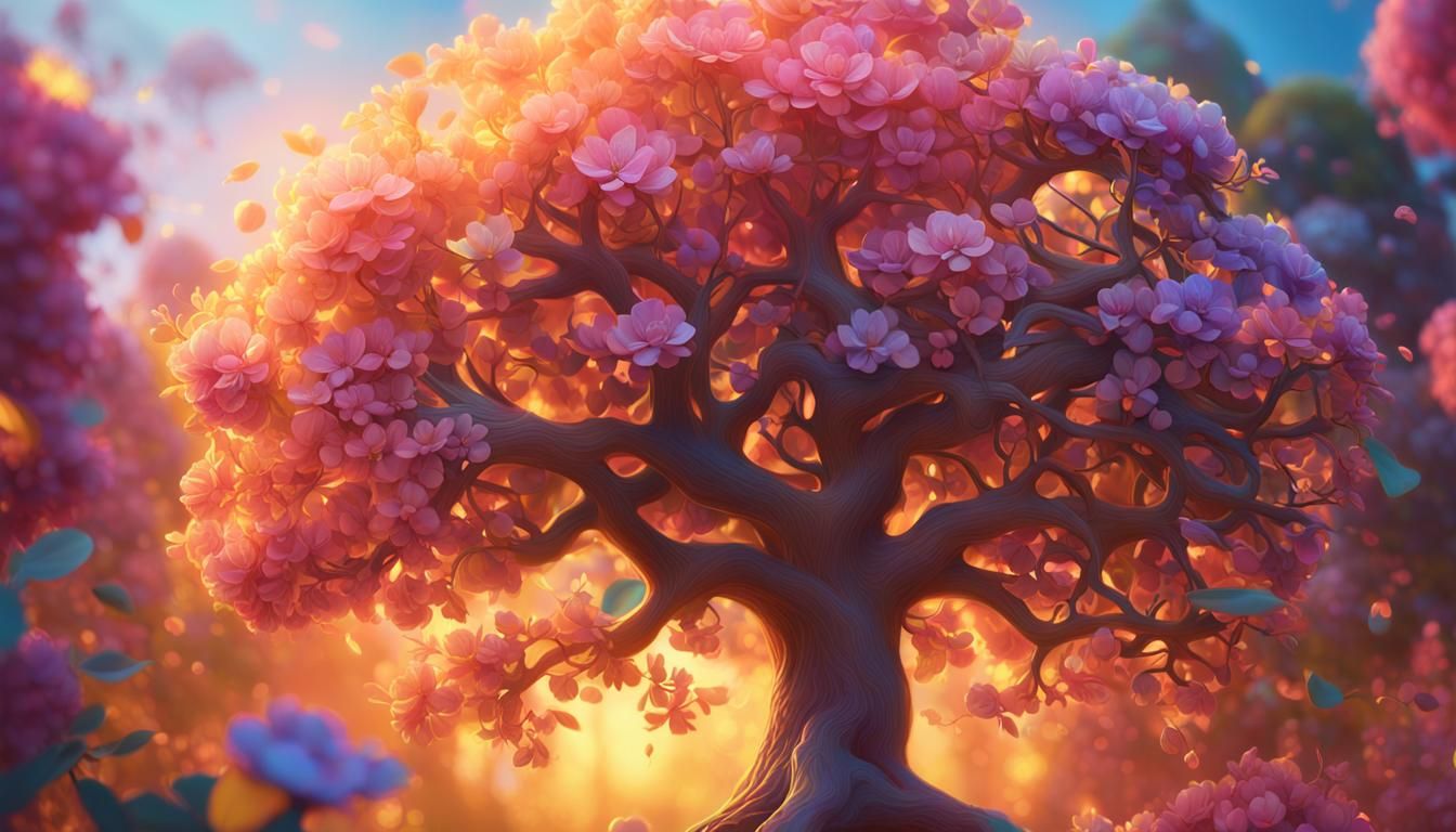 Mystical Tree in Bloom: Cinematic 3D Concept Art