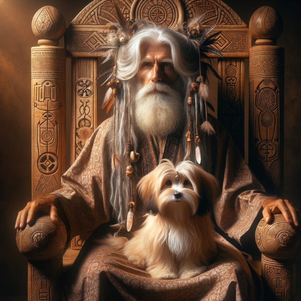 Elderly Shaman with Puppy in Golden Light
