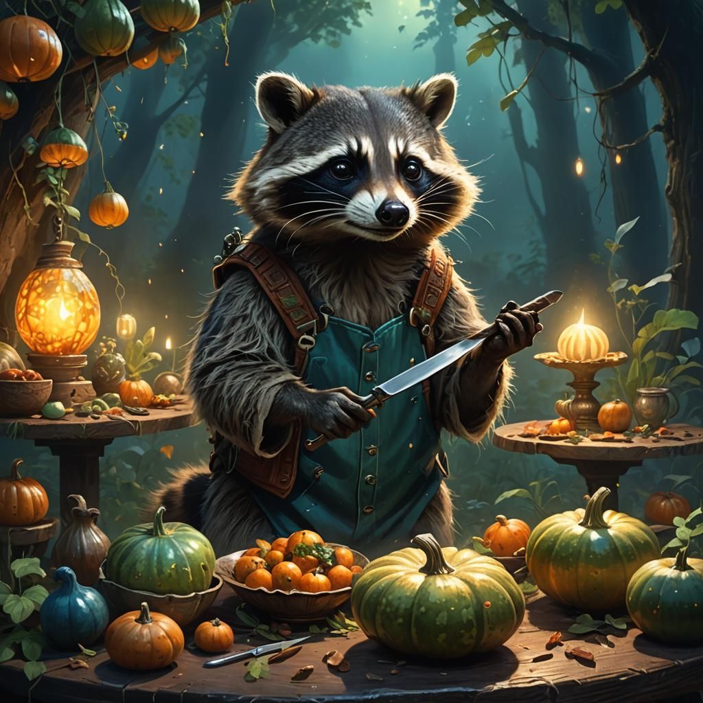 Raccoon with Knife and Glowing Gourd in Fantasy Art