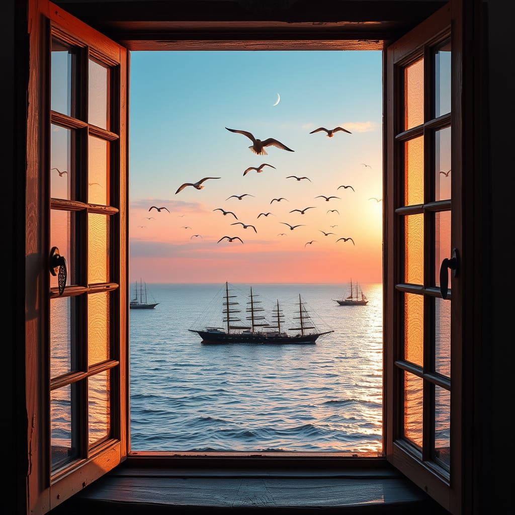 Ethereal Sea Bay at Dusk in Ornate Window Frame