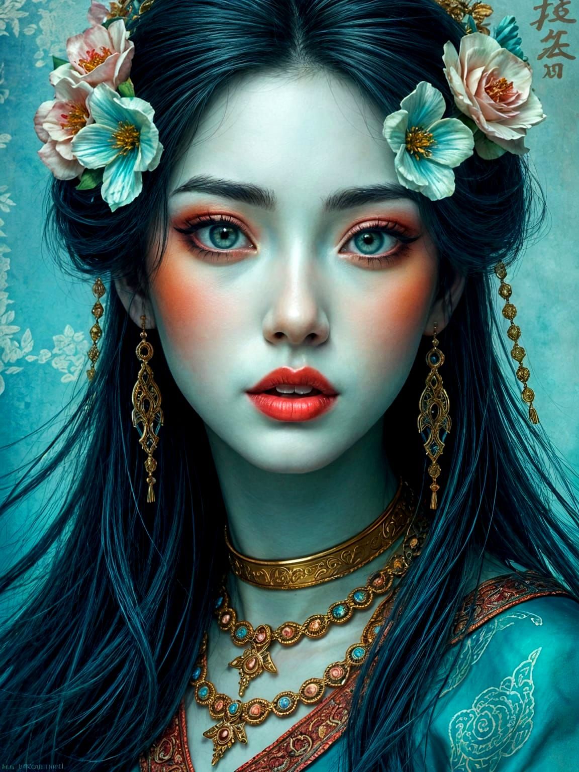 Fantasy Portrait with Asian Calligraphy Elements