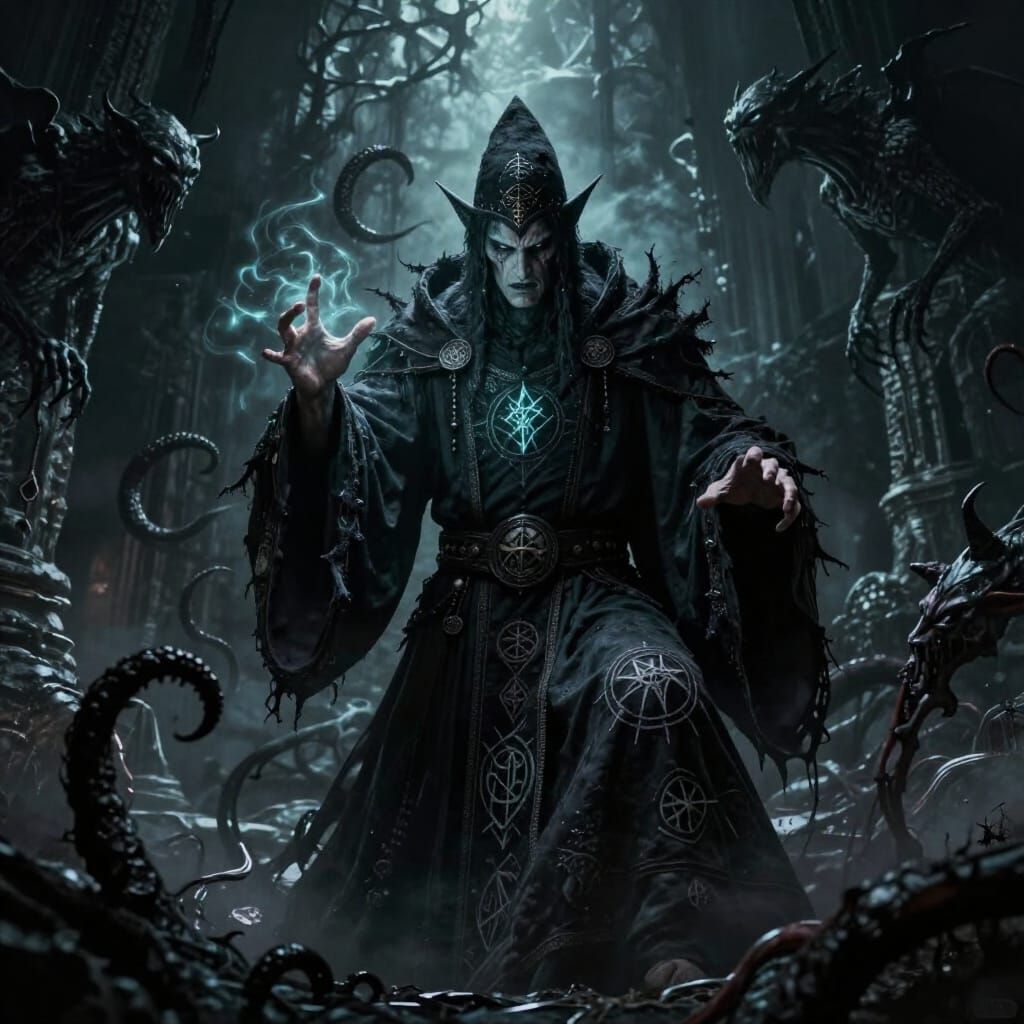 Malevolent Sorcerer Conjuring Magic in Ruins