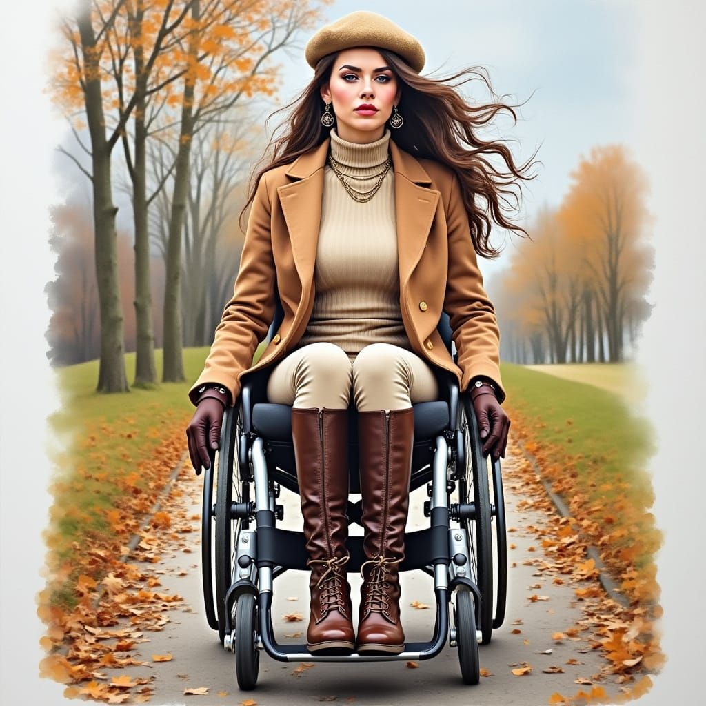 Autumnal Woman in Wheelchair: Watercolor Painting