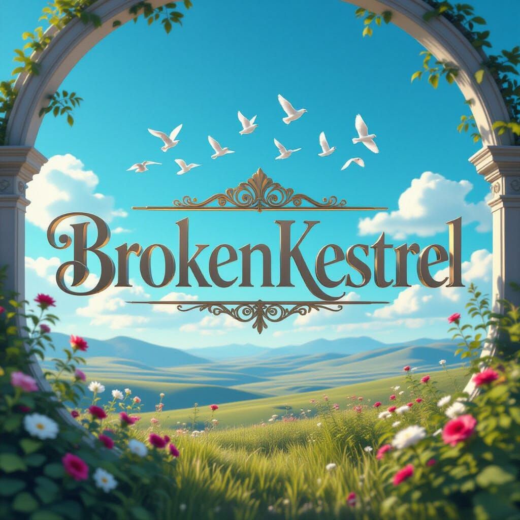 Elegant 3D "BrokenKestrel" Sign with Birds and Blue Sky