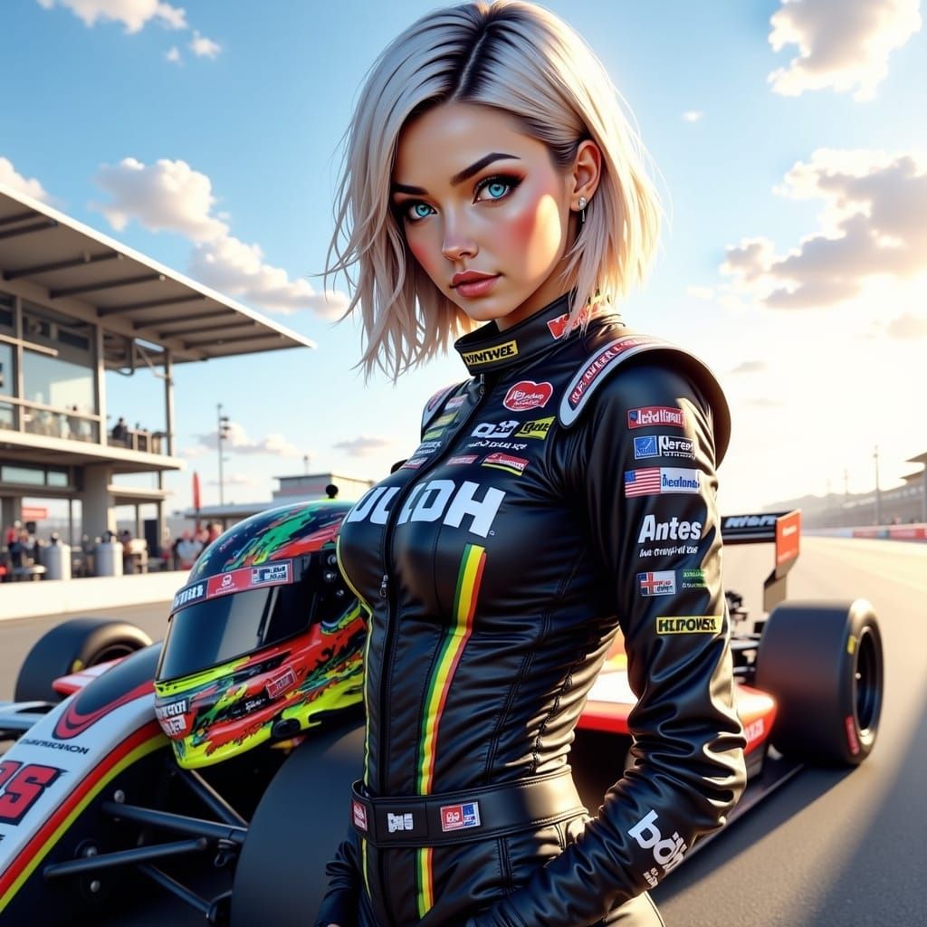 Competitive Female Race Car Driver on Speedway