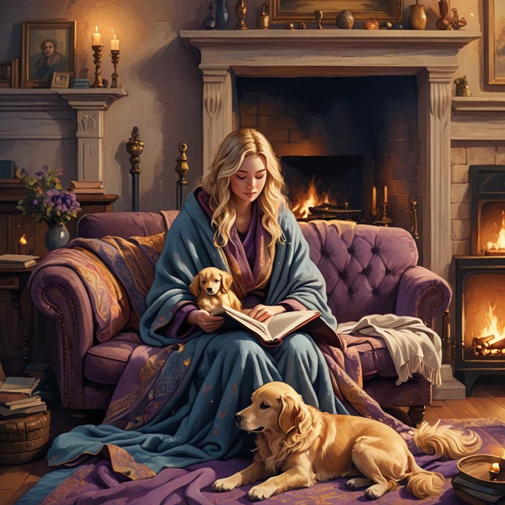 Cozy Winter Evening Reading by Fireplace