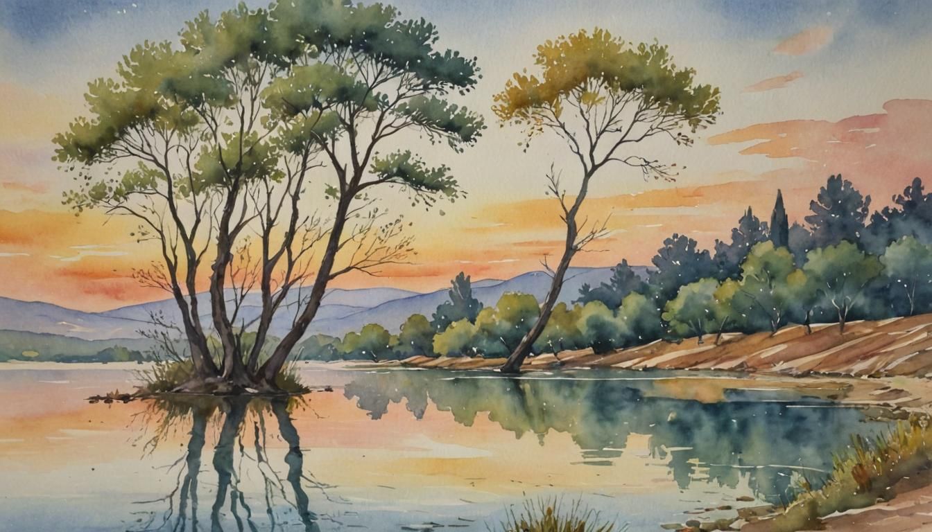 Watercolor Painting of Provençal Landscape at Sunset