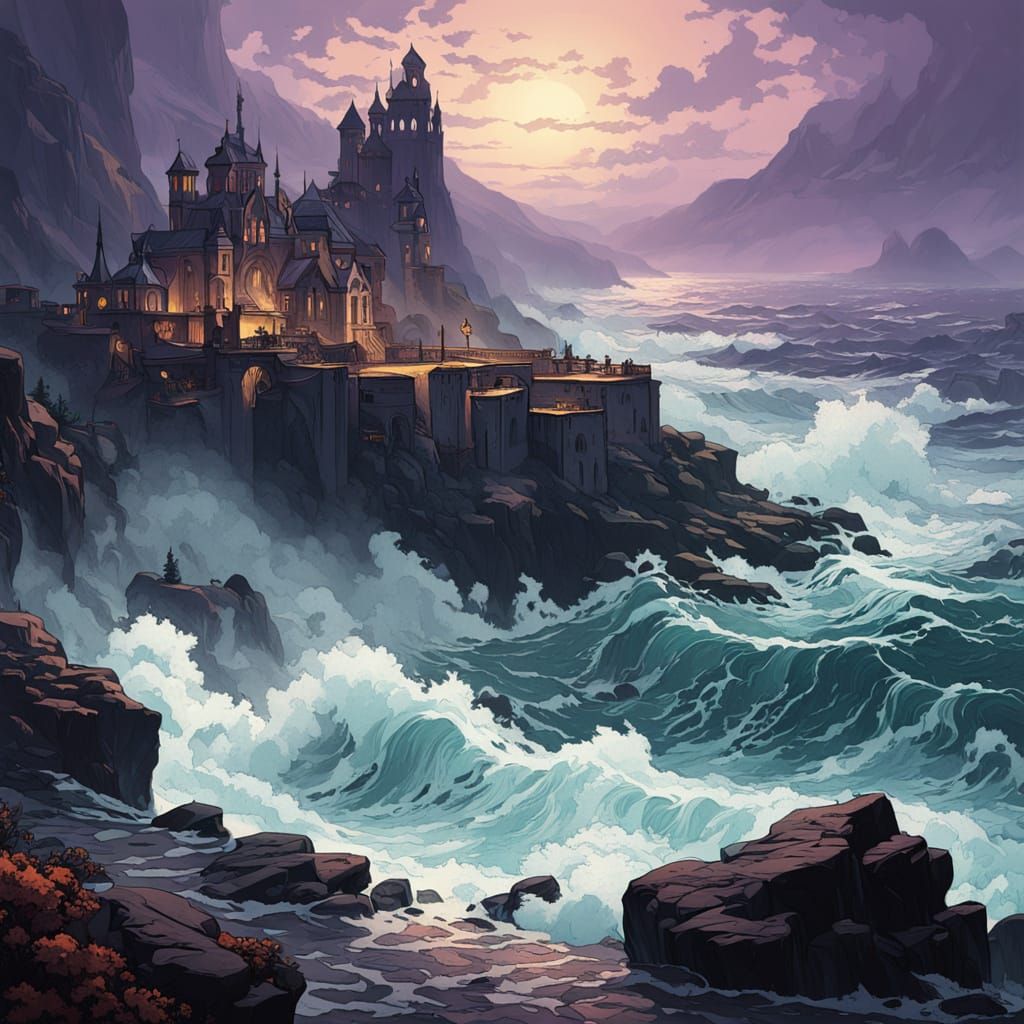 Dark Fantasy Concept Art of a Misty Sea and Cliffs