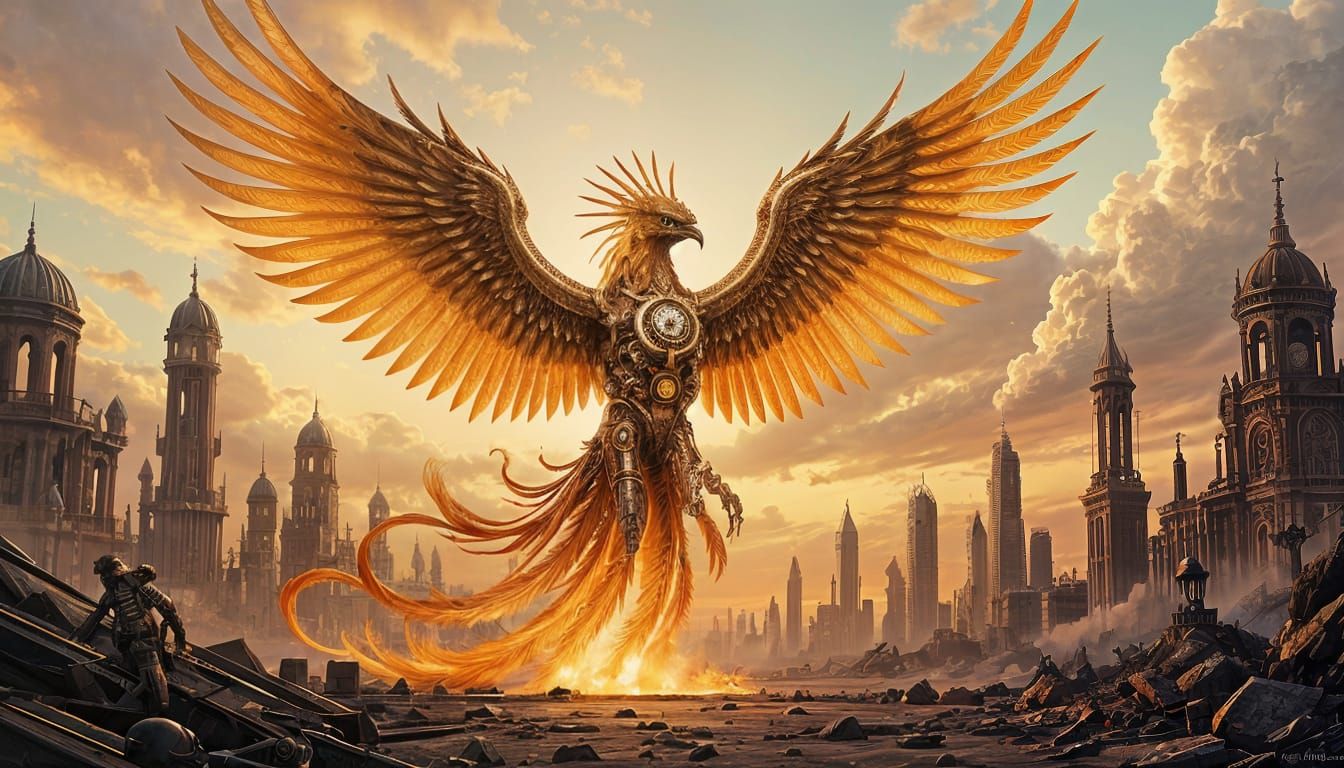 Clockwork Phoenix Rising from Steampunk City Ruins