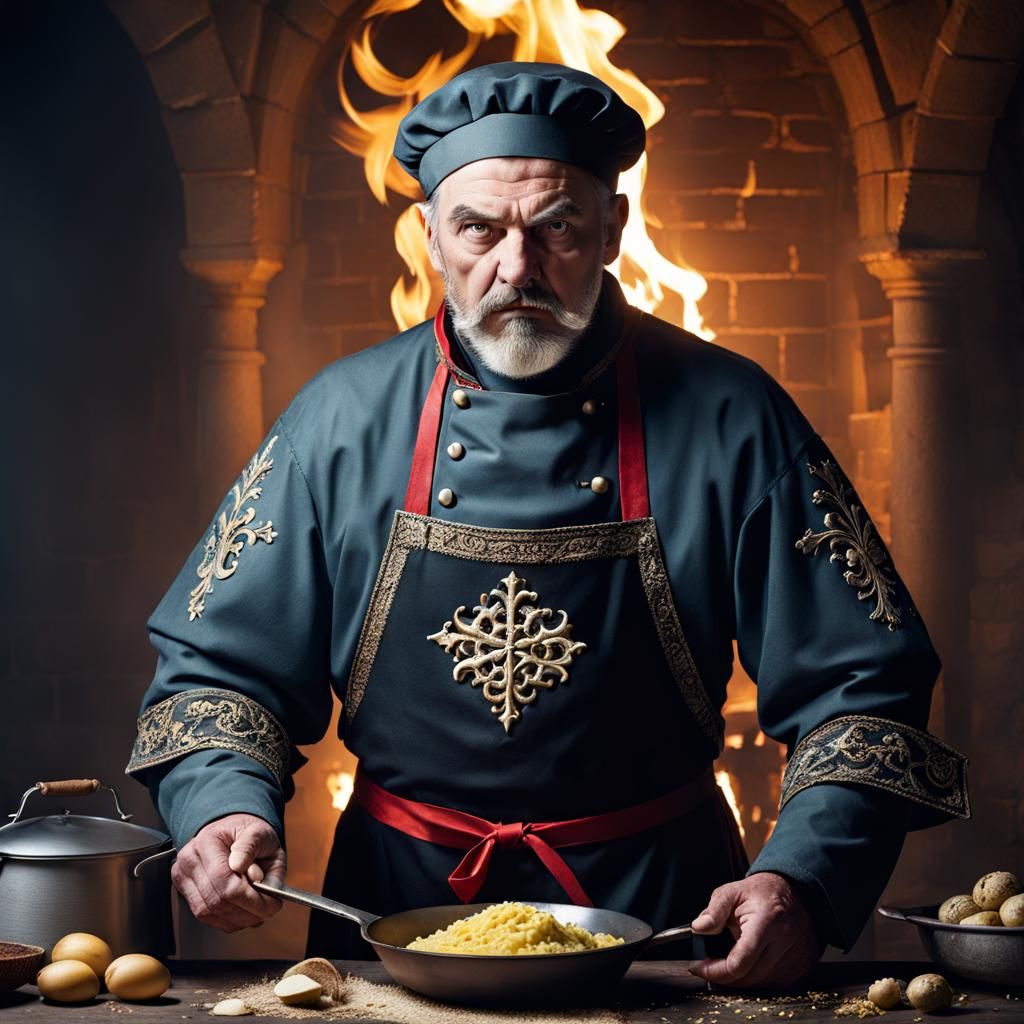 Eerie Mad Medieval Cook with Intricate Designs