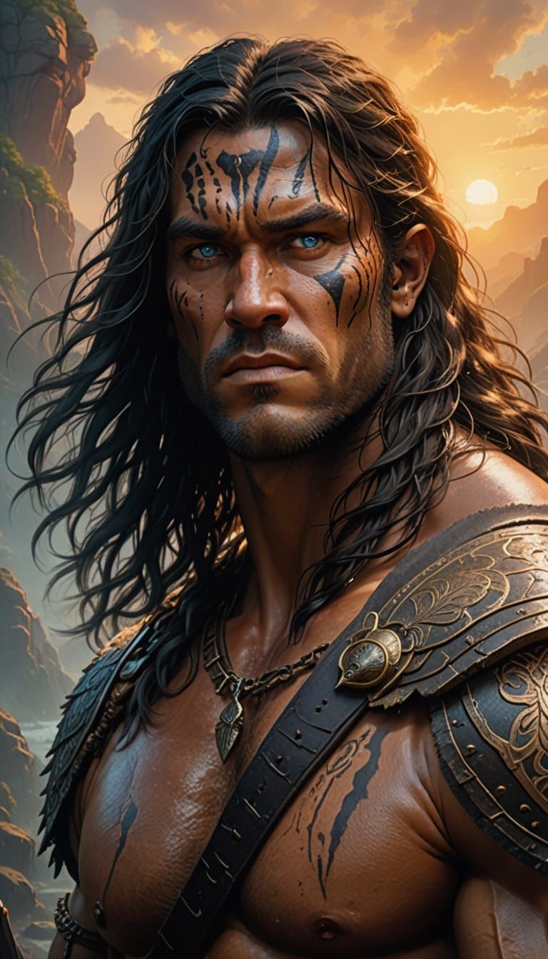 Conan in a Golden Hour, Hyper-Realistic Fantasy Portrait